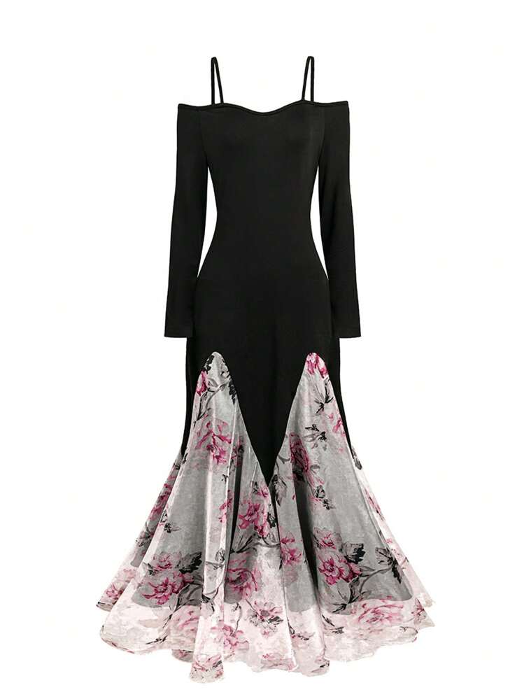 Modelyn Digital Print Long Sleeve Dress With Contrast Hemline - Multicolor - View 1