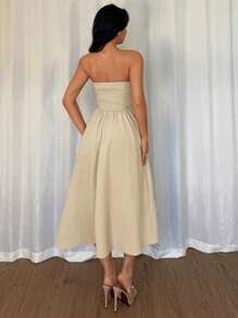 Chiquease 女士优雅性感抹胸 A 字形连衣裙，蓝色，春夏 - 杏色 - 查看 2