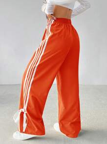 SHEIN PETITE Casual Contrast Striped Drawstring Straight Leg Pants