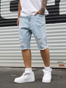 Manfinity Homme Plus Size Men's Pocketed Distressed Raw Hem Casual Versatile Denim Shorts - Light Wash - View 1