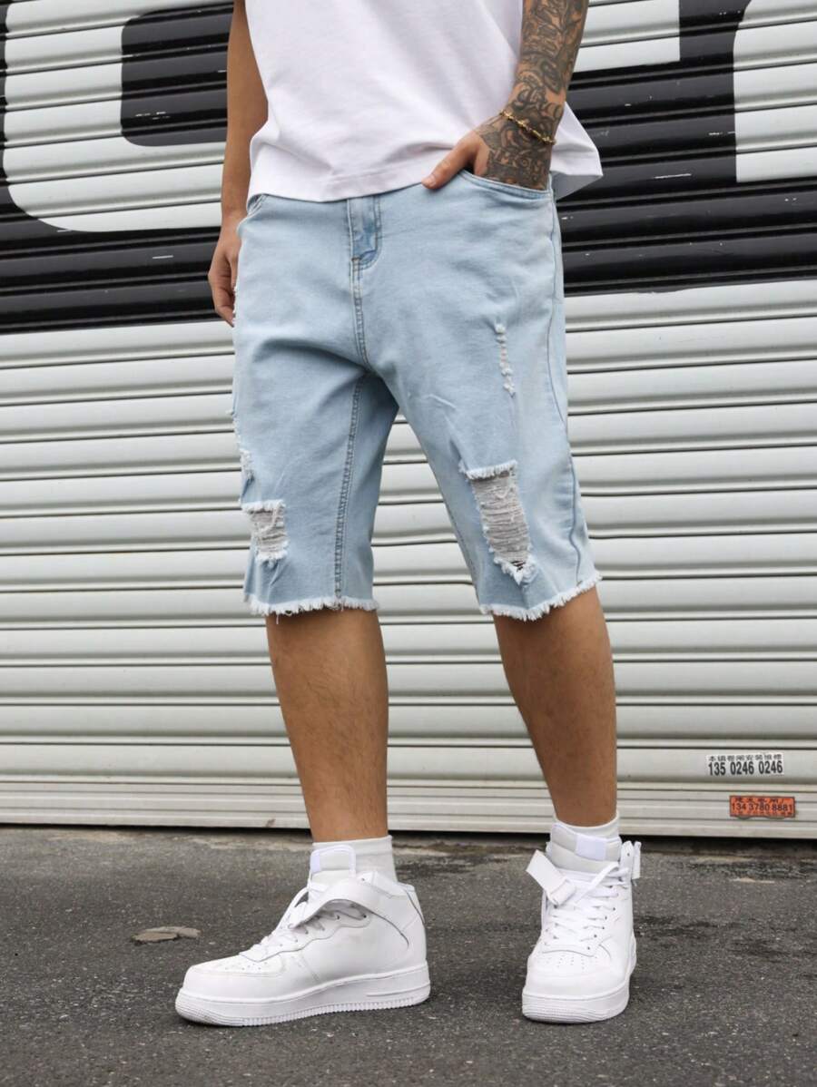 Manfinity Homme Plus Size Men's Pocketed Distressed Raw Hem Casual Versatile Denim Shorts - Light Wash - View 1
