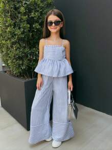 Nova Glow Tween Girls Vacation Casual Woven Blue Striped Cami Top & Wide Leg Pants Set