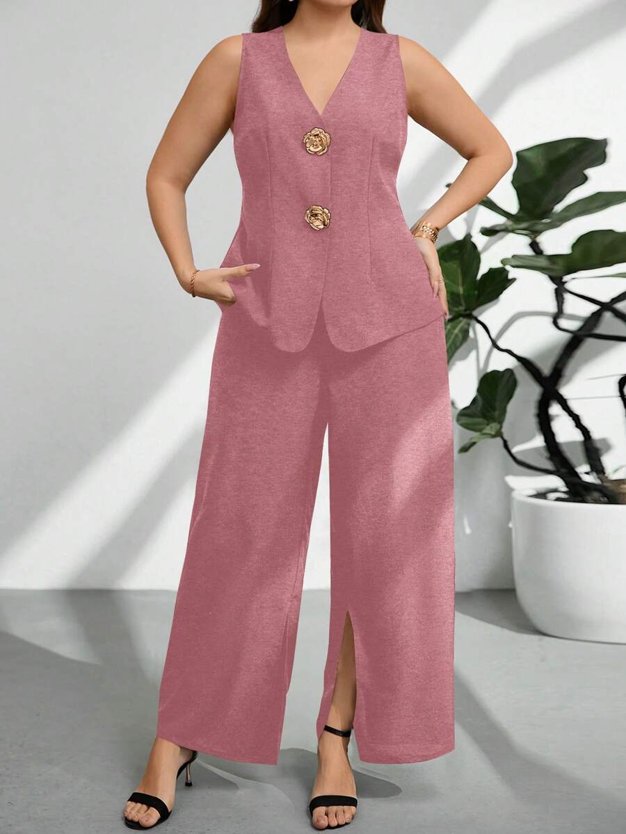 Firerie 大码女式春夏新款休闲办公装玫瑰金装饰背心夹克和西装裤两件套 - 粉色 - 查看 1