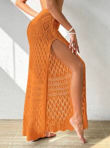 SHEIN Swim 女士纯色高开叉罩衫裙，适合夏季海滩 - 橘色 - 查看 5