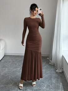 Firerie 女士网眼长袖圆领连衣裙，适合秋季服装、返校服装、教师服装 - 巧克力棕 - 查看 4