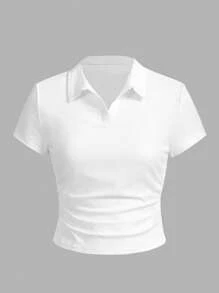 SHEIN Essnce 2pcs/Set Women's Collared Slim Fit Ruched Short Sleeve T-Shirt Suit, Suitable For Summer - Multicolor - View 5