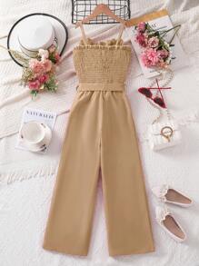 Tween Girls Tight Black Suspender Jumpsuit With Ruffle Top, Buttons, Waist Belted Bowknot Details Classy Outfits For Girls