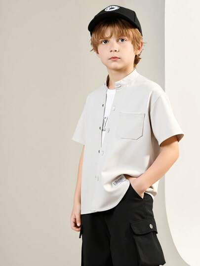 Tween Boy Solid Color Short Sleeve Single-Breasted Pocket Casual Shirt