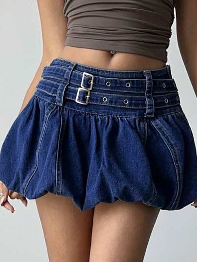 Aloruh 女式复古靛蓝低腰牛仔郁金香下摆半身裙