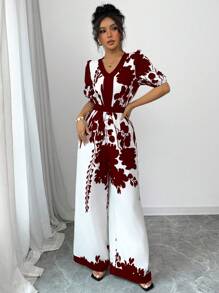 Rafferiza 女士数码印花宽松腰连体裤 - 酒紅色 - 查看 4