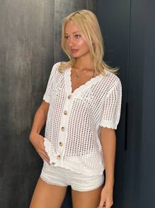 SHEIN EZwear Women's Solid Color Single-Breasted Hollow Out Short Sleeve Casual Knitted Top - White - View 5