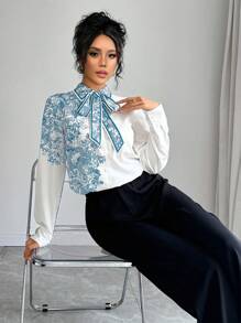 Chiquease 女士秋季花卉印花领带长袖优雅衬衫女士衬衫 - 彩色 - 查看 6