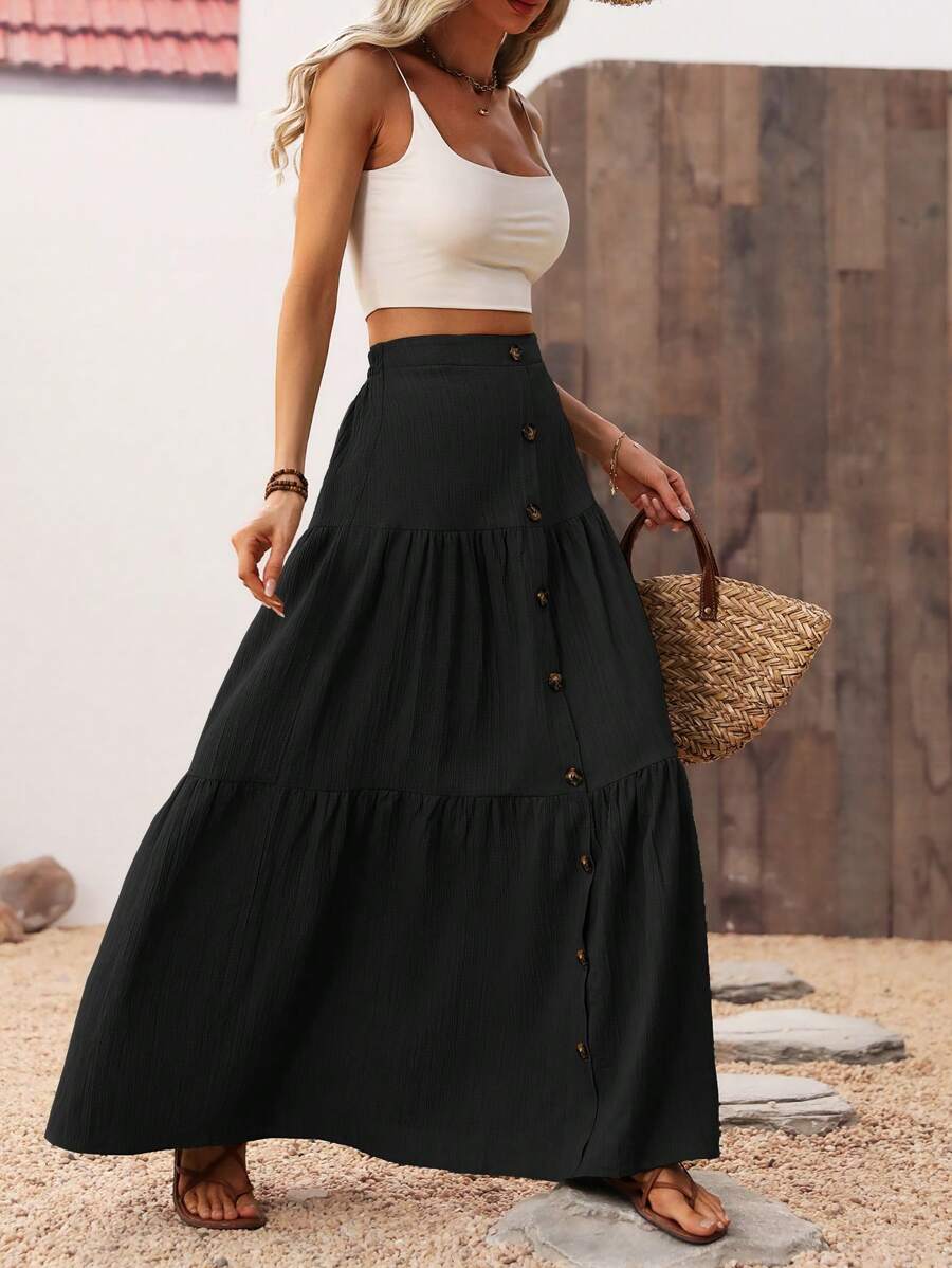 Breezaya 女式纯色前扣长裙 度假海滩风 - 黑色 - 查看 1