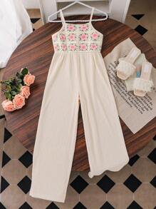 SHEIN Vintaside Kids Tween Girls' Floral Print Wide Leg Jumpsuit - Apricot - View 9