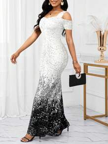 SHEIN Lady 女士优雅渐变色仿亮片印花露肩鱼尾连衣裙 - 彩色 - 查看 6