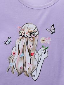 Young Girls Portrait Print Matched With Layered Floral Cake Skirt 2 Pieces Set, Suitable For Casual, Wedding Season, Outdoor Picnic Occasions - Purple - View 5