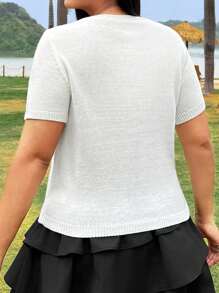 SHEIN EZwear Plus Size Women Crew Neck Short Sleeve Bow Decor Knit Top - White - View 4
