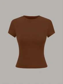 Plivvot Camiseta de manga corta de mujer de unicolor, cuello redondo, ajustada, casual y diaria - Multicolor 6 - Ver 3