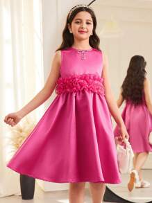 SHEIN Tween Girls' Elegant Bow Embellished Sleeveless Frill Trim Fitted Chiffon Dress, Spring/Summer - Hot Pink - View 3