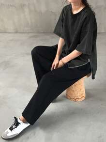 FRIFUL 宽松休闲水洗落肩牛仔衬衫 超大码T恤 超大码T恤 超大码T恤 女式T恤 超大码女式T恤，返校服 - 黑色 - 查看 4