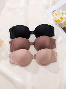 3 件套简约无肩带性感女士胸罩，前扣式钢圈胸罩 - 彩色 - 查看 3