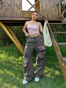 SHEIN MOD Quần Jeans Ống Thẳng Rách Rộng Cỡ Lớn, Màu Xanh - Xám - Xem 7