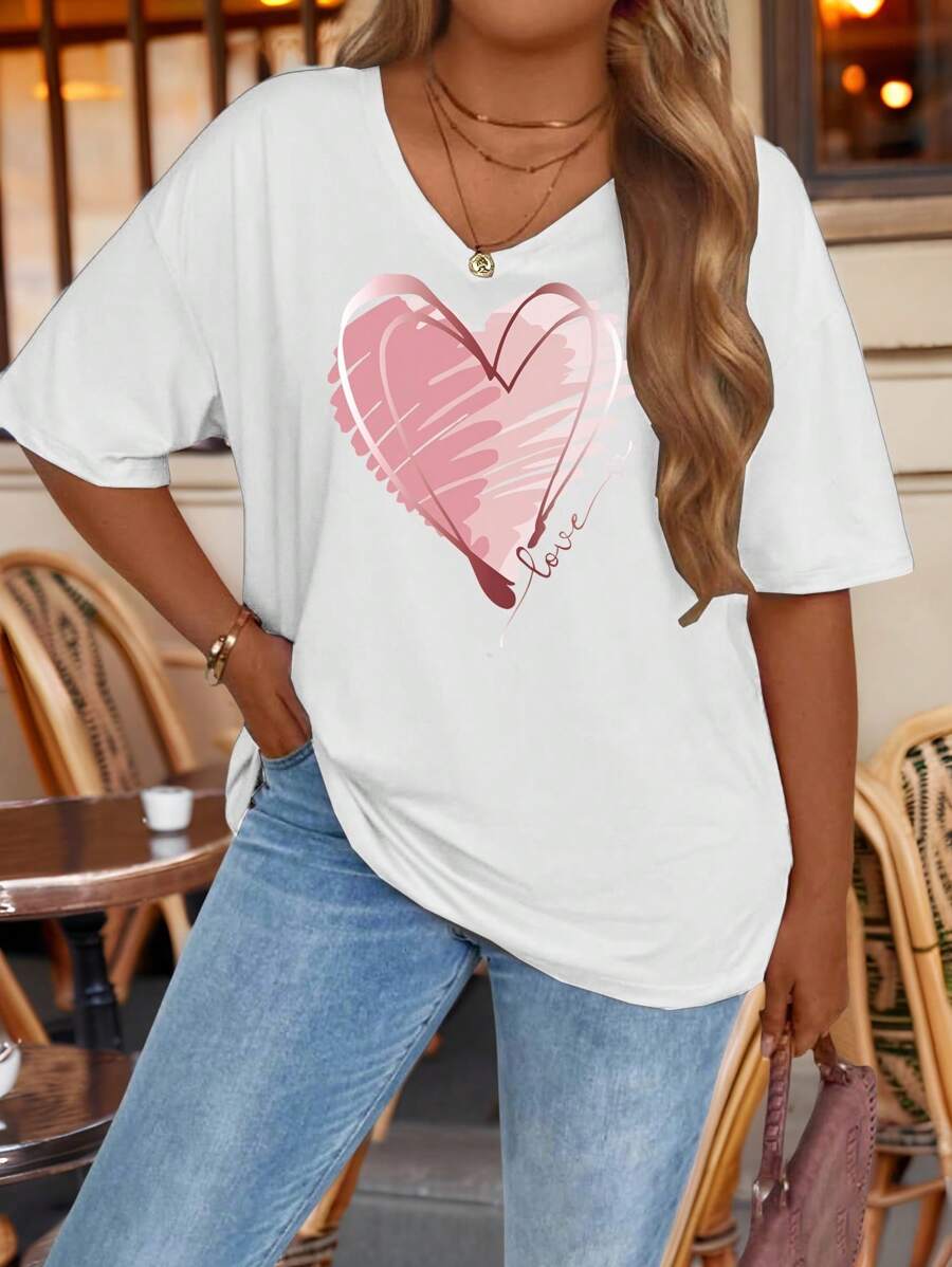 EMERY ROSE Valentine's Day Short Sleeved T-Shirt, V-Neck T-Shirt With Heart-Shaped Pattern, Suitable For Spring And Summer, Women's Clothing - Multicolor - View 1