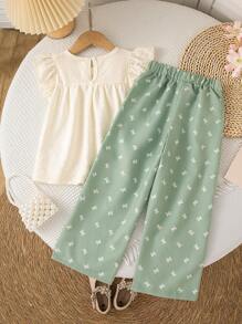 SHEIN Vintaside Kids Girls Butterfly Print Outfit: Floral Embroidery Cap Sleeve Blouse, Cute Butterfly Printed Casual Wide Leg Pants, Sweet Vintage Style Summer Set Summer Holiday - Green - View 2