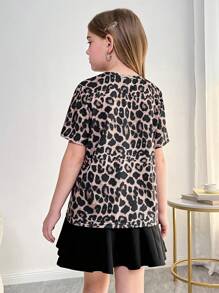 SHEIN Tween Girl Leopard Print Relaxed Round Neck Short Sleeve T-Shirt - Brown - View 2