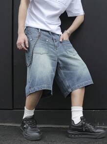 Manfinity EMRG 男士休闲纯色宽松口袋夏季牛仔短裤 - 藍色 - 查看 6