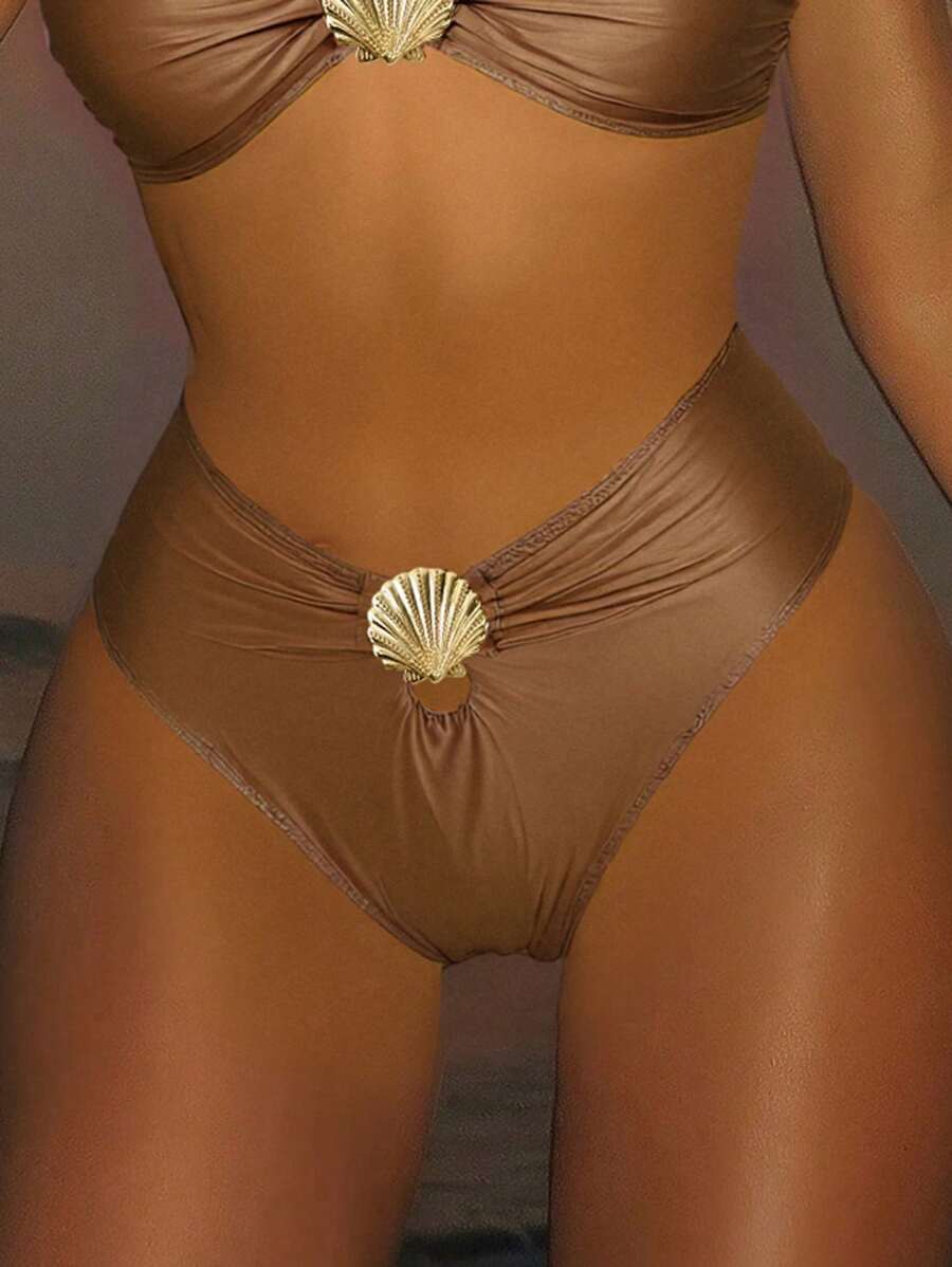 Swim SXY 1pc High-Waisted Solid Shiny Fabric Sexy Shell Metal Decor Women Swimsuit Bikini Bottom For Summer Beach Vacation - Brown - View 1