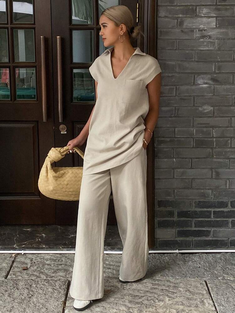 Women's Solid Color Loose Sleeveless Shirt And Straight Leg Pants 2Pcs Casual Summer Set