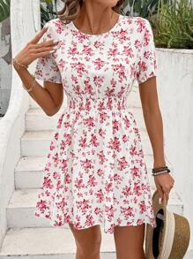 Breezaya Short-Sleeve Smocked Waist Printed Dress, The Simple Short-Sleeve Design Brings Summer Freshness, The Smocked Waist Technology Fits The Figure And Outlines A Graceful Curve, The Unique Printed Fabric Adds Visual Highlights, The Length To The Thighs Shows Neatness And Vitality, And It Is Excellent For Daily Outings Or Vacation Wear - Hot Pink - View 5