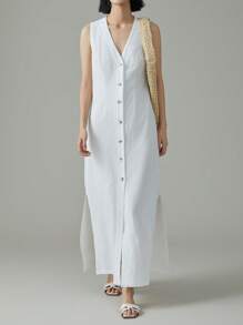 Easowa Đầm dài không tay cài nút phía trước màu trơn cho nữ, thích hợp cho kỳ nghỉ - trắng - Xem 6