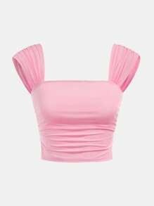 SHEIN Girlism 青少年女孩纯色方领褶皱网眼休闲背心，春夏季 - 粉色 - 查看 1