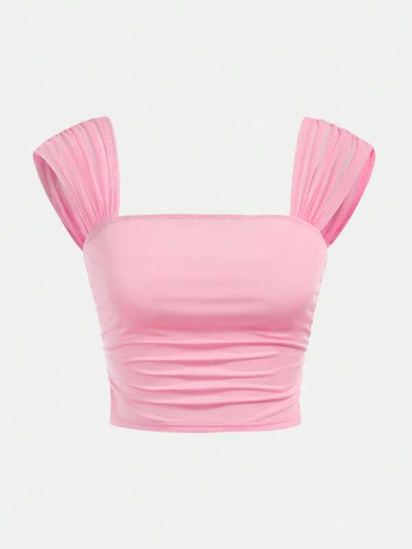 SHEIN Girlism Teens Girls' Plain Square Neck Gathered Mesh Casual Tank Top, Spring & Summer