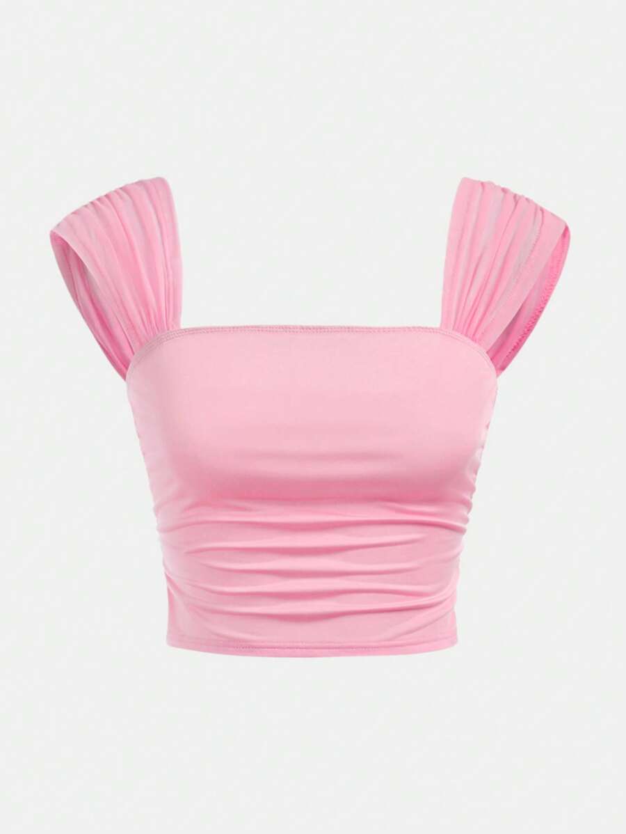 SHEIN Girlism 青少年女孩纯色方领褶皱网眼休闲背心，春夏季 - 粉色 - 查看 1