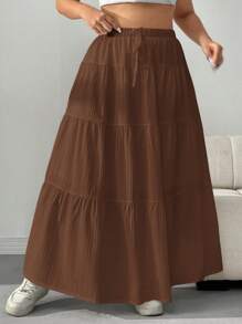 SHEIN EZwear Plus Size Women's Casual Drawstring Waist Ruffle Hem Skirt, Summer Brown - Brown - View 3