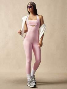 VARSIVA Contrast Color Trim Hollow Out Neckline Seamless Jumpsuit Sports Pants - Pink - View 4