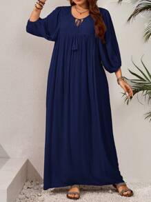 EMERY ROSE Plus Size Loose Lantern Sleeve Solid Color Dress, Casual Holiday Style Flowy Dress - Navy Blue - View 3