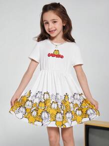 GARFIELD | SHEIN 年轻女孩卡通猫咪印花休闲可爱短袖连衣裙 - 白色 - 查看 1