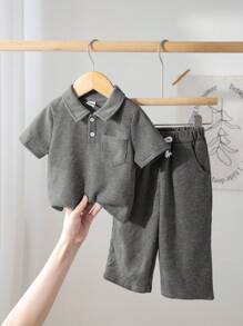 SHEIN 2 件装男婴休闲马球领短袖套头衫和长裤套装 - 深灰色 - 查看 8