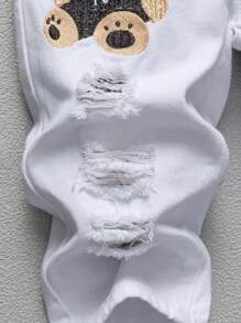 婴幼儿男孩黑熊与字母刺绣破洞洗水牛仔裤 - 白色 - 查看 3
