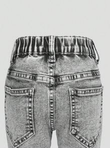 SHEIN Girls Medium Washed Blue Star Embroidery Ripped Skinny Flare Jeans - Light Grey - View 7