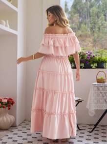KURAYIA 大码女式纯色度假荷叶边蕾丝边荷叶边收腰 A 字长裙，春夏 - 淺粉色 - 查看 2