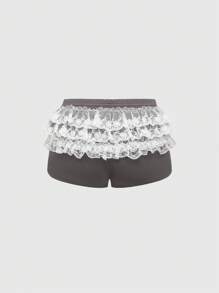 ROMWE Avant Ballet Style Lace Mesh Layered Shorts With Bow Detail, Ultra-Low Waist, Athleti - Grey - View 2