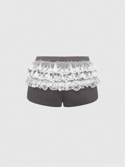 ROMWE Avant Shorts con diseño de lazo, de cintura ultra baja, con capas de encaje y malla estilo ballet, de estilo atlético