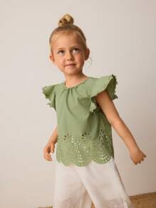 Maija Kids Maija Kids Young Girl's Spring/Summer Embroidery Hollow Out Retro Pattern Loose Ruffle Sleeve Cute Lace Decor Casual Blouse For Outwear, Home, School, Travel - Green - View 5