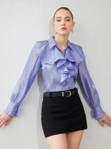 Aveloria Modichic Elegant Ruffle Collar Translucent Texture Teacher Long Sleeve Button-Up Shirt Holiday Party Clothes  Fall Cloth For Women - Purple - View 3
