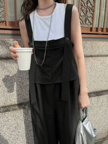 FRIFUL 女士休闲纯色宽松连体裤女夏季服装夏装女夏季套装女夏季衬衫套装 - 黑色 - 查看 3